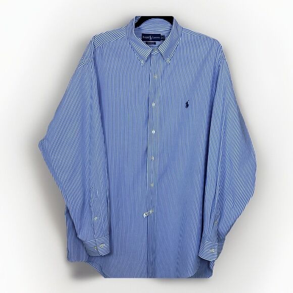 Ralph Lauren Yarmouth Button Up Shirt Men 17 Blue Striped Recently Dry Cleaned - Picture 2 of 8